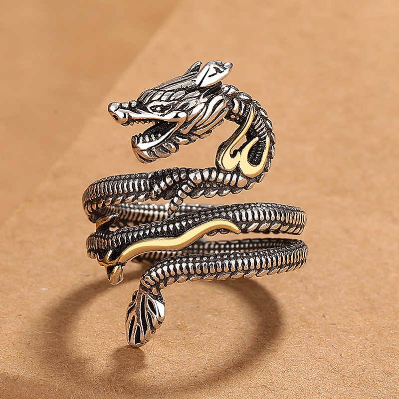 Vintage Ethnic Style Domineering Dragon Ring for Men and Women Chinese Zodiac Dragon Opening Adjustable Creative Index Finger Ring