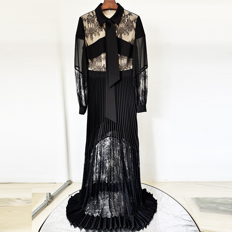 High Street Fashion 2026 Early Spring New Style High-End Elegant Lace Patchwork Pleated Long Skirt Floor-Length Dress High Street Fashion 2026 Early Spring New Style High-End Elegant Lace Patchwork Pleated Long Skirt Floor-Length Dress