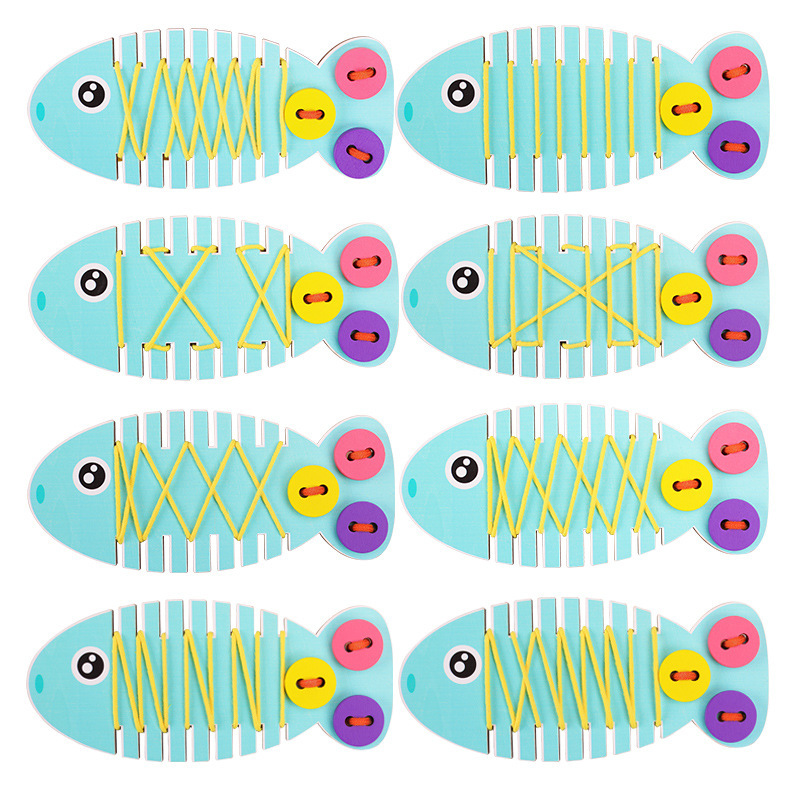 Educación temprana para niños, juego de rompecabezas de cuerdas de peces pequeños, práctica de trenzas hechas a mano de jardín de infantes, coordinación mano-ojo, juguetes de madera