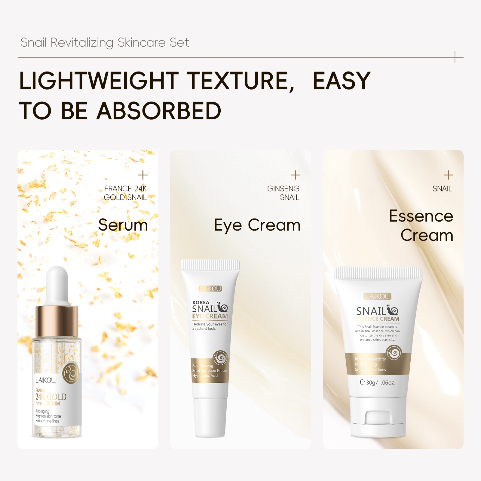 Cross-border LAIKOU Snail Revitalizing Skin Care Set 3-piece set, Facial Cleanser, Eye Cream and Face Cream manufacturer in stock undefined