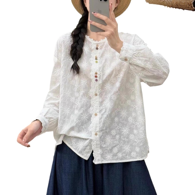 新品休闲设计感清新刺绣彩扣宽松花边领长袖衬衫|undefined