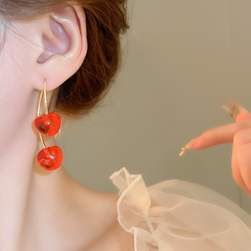 11g Weight 925 Sterling Silver Ear Needle Material Drop Earrings Classification 1 Pair Quantity Holiday, Daily Occasion Resin, Copper Material Cherry Pattern Women's Gender Cute, Sweet Style 1 Pair Cute Sweet Cherry Resin Copper Drop Earrings 17