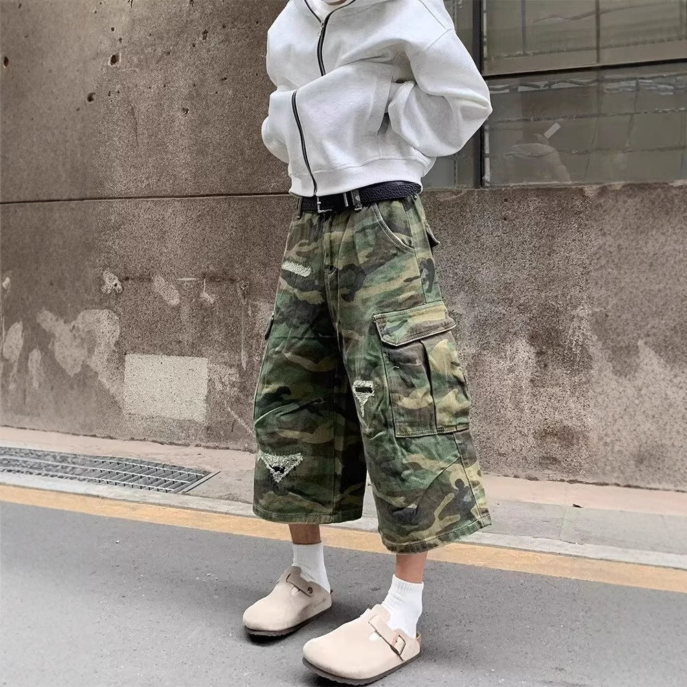 Cross-border American Retro Ripped Patch Straight Camouflage Denim Shorts Men's and Women's New High Waist Loose Capri Pants