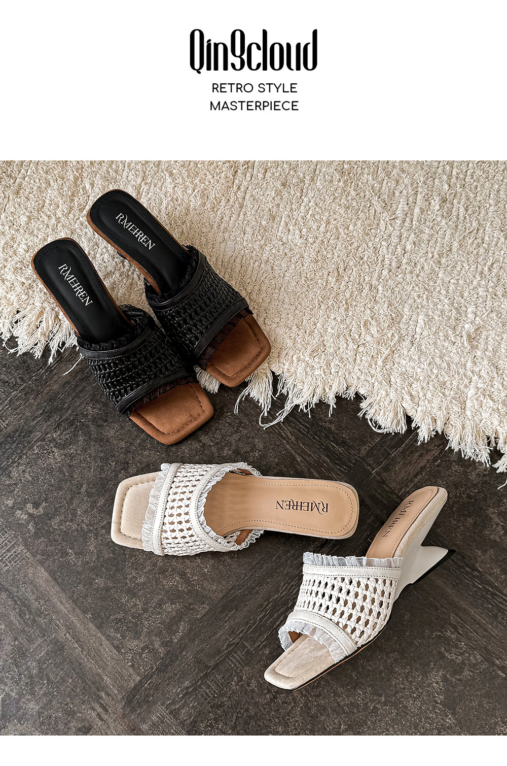 Sandal cao gót nữ quai ngang đan móc hở mũi mũi vuông gót cao — màu đen, màu trắng ngà chi tiết 13