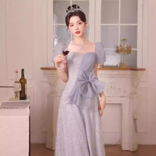 Light Gray New Square-Neck Dress with Bow Design, Sequin Fairy Dress, Elegant Temperament, Banquet Evening Dress, Autumn