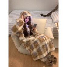 甜美格纹连帽珊瑚绒睡衣女冬季新款加厚保暖睡袍长裤家居服套装