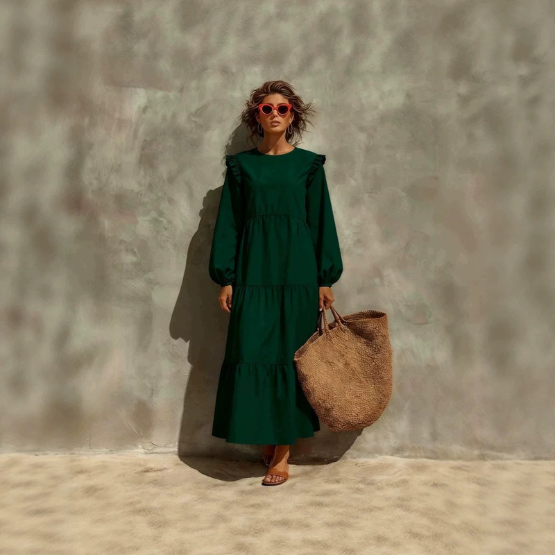 2027 cross-border European and American Amazon independent station new round-neck casual loose dress long-sleeve solid color long dress 2027 cross-border European and American Amazon independent station new round-neck casual loose dress long-sleeve solid color long dress