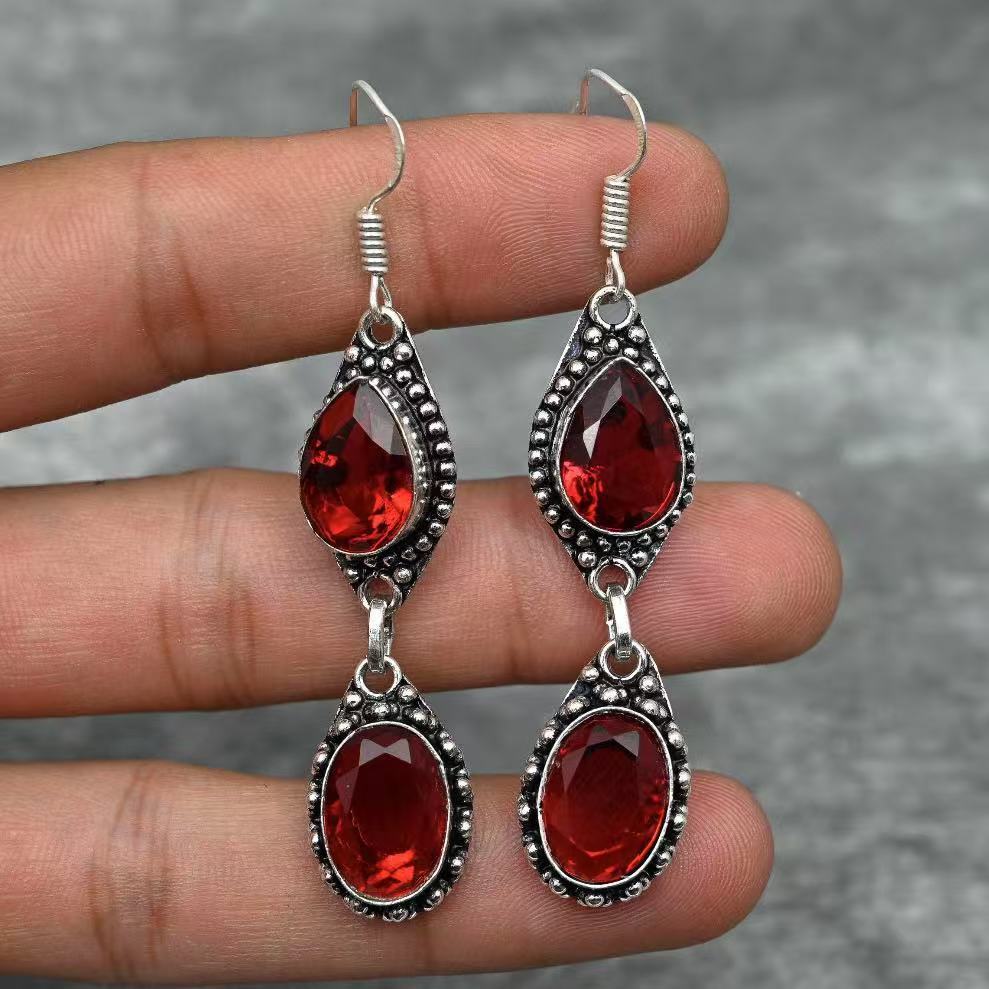 Yiwu Sanjie Cross-Border Hot Selling Bohemian Style Women's Earrings Pendant Water Drop Ruby ​​European and American Jewelry