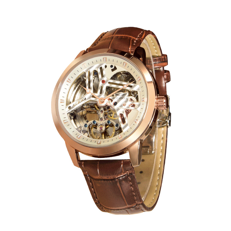 Đồng hồ nam HAEMMER automatic lộ máy chống nước — Vỏ Hồng vòng trắng da cà phê, Vỏ Hồng vòng đen da đen