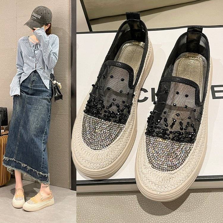Thick-soled Lazy Loafers Women's 2023 Summer New Style Mesh Breathable Slip-on Shoes Rhinestone Casual Fisherman Shoes