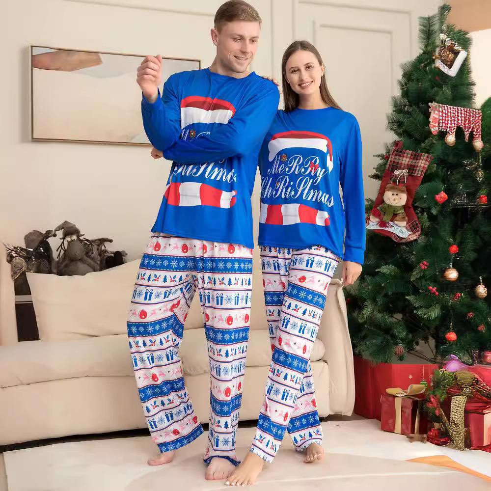 Christmas Striped letter-print home suit pajamas suit Santa hat family suit_voghion.com