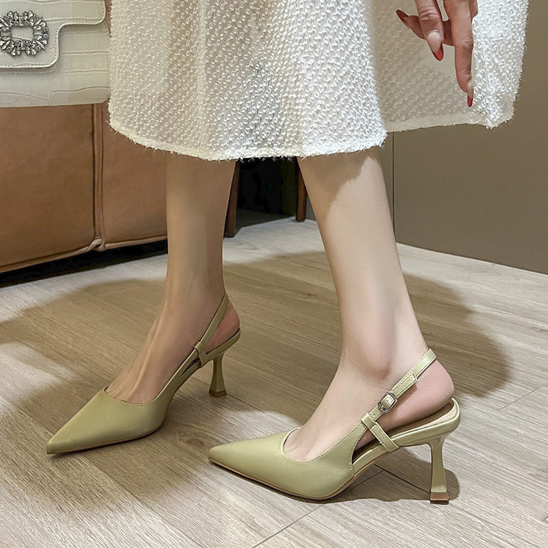 Giày sandal nữ bít mũi mũi nhọn gót mảnh quai ngang, gót 6–8 cm — Màu nâu, Màu trắng be, Màu vàng nhạt