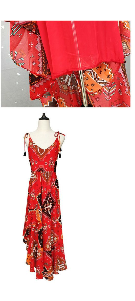 Đầm maxi voan treo nữ phong cách Bohemian dài chấm gót — màu đỏ chi tiết 8