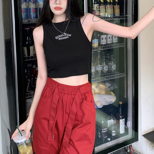 Sexy short I-shaped black embroidered vest inside, slimming for summer hot girls, slim-fitting outer wear, sleeveless suspenders for women