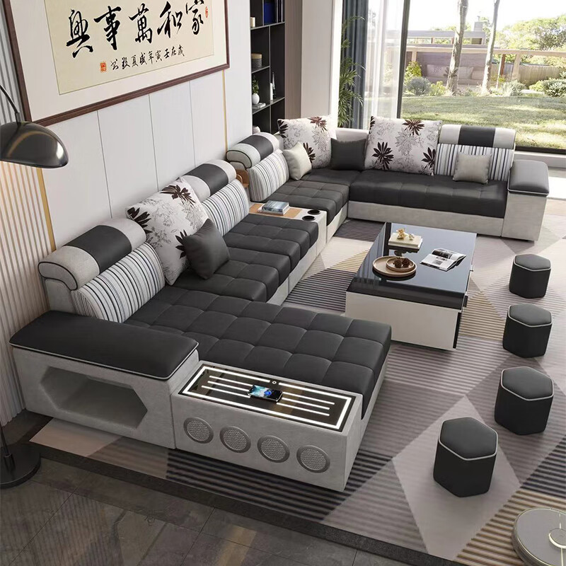 Six-Piece Fabric Sofa Set for Large and Small Sizes, Simple Modern Living Room, Fully Equipped Coffee Table, Tv Cabinet, Technology Cloth Sofa