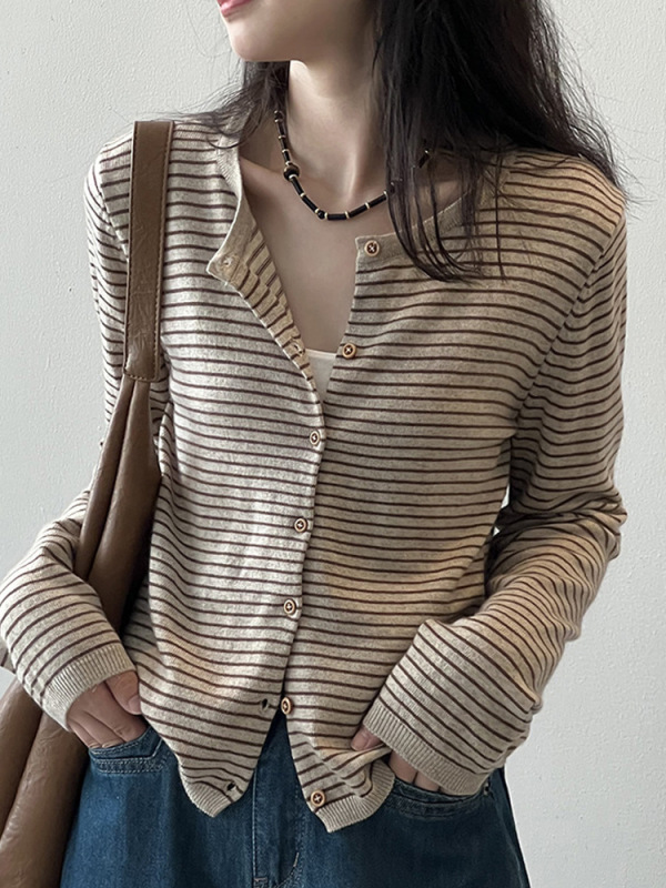条纹针织开衫外套女春秋新款设计感小众上衣外搭薄款圆领长袖毛衣|undefined