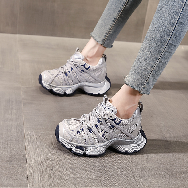 Giày thể thao nữ đế dày lưới thoáng khí phong cách retro chunky sneaker — xanh xám