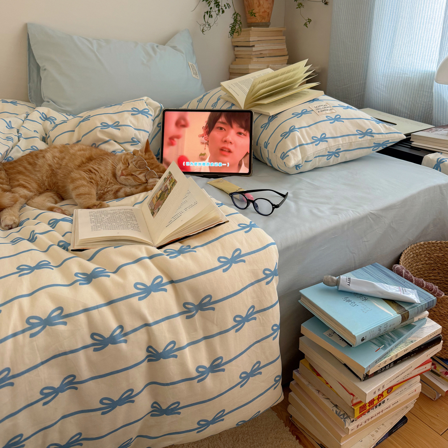Todo algodón INS blogger estilo coreano arco de algodón cuatro piezas en casa dormitorio cama de tres piezas cubierta de edredón de piel