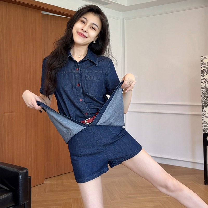 大码港风牛仔衬衫遮肉裤裙两件套女2025夏季新款胖mm巨好看的套装|undefined