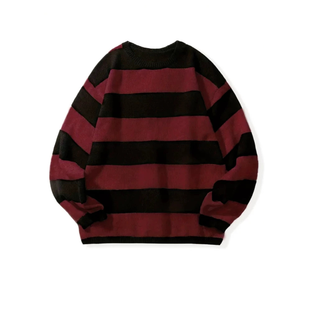 Cross-border men's and women's autumn and winter blue-black and black-red contrast striped round-neck sweater, loose and casual pullover knitwear