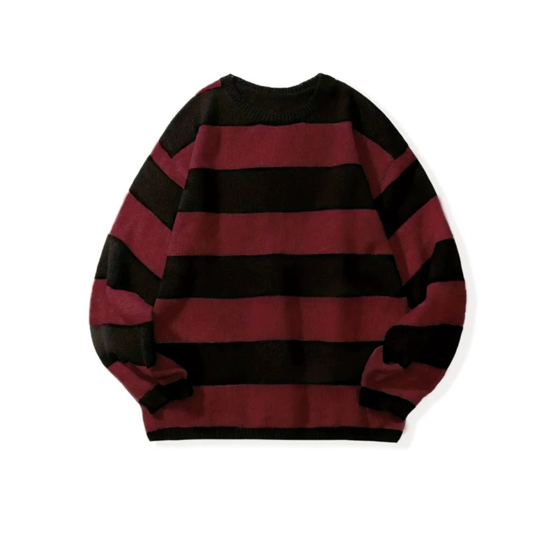 Cross-border men's and women's autumn and winter blue-black and black-red contrast striped round-neck sweater, loose and casual pullover knitwear Cross-border men's and women's autumn and winter blue-black and black-red contrast striped round-neck sweater, loose and casual pullover knitwear