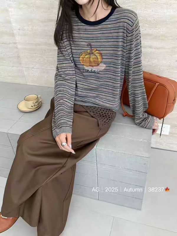濮院14针细羊毛2025秋装南瓜圆领黄条纹上衣长袖宽松毛衣气质女装|undefined