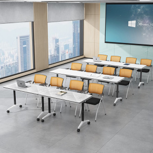 Folding Training Table and Chair Combination Double Desk Tutoring Class Conference Table Long Table Flip Board Removable with Wheels