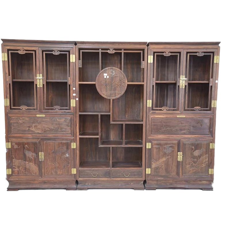 Large Red Rosewood combination bookcase clear bookcase study carved solid wood office furniture cross toe Rosewood locker