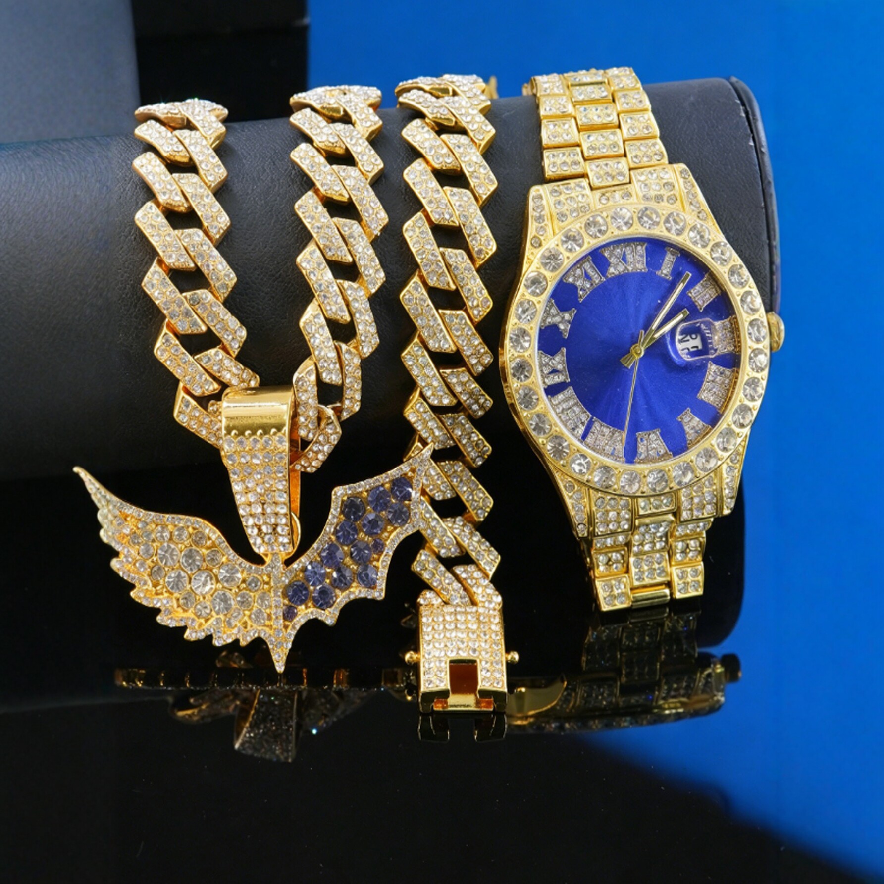 HipHop completo murciélago de diamantes de dos colores colgante de diamantes cubano cadena azul número romano reloj pulsera para hombres y mujeres