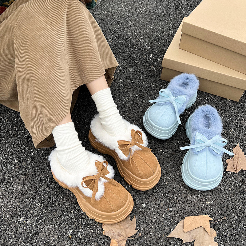 Autumn and Winter Cute Bow-Knot Half-Slip Toe-Cap Cotton Shoes for Women Plus Velvet Fashionable Thick-Soled Snow Boots