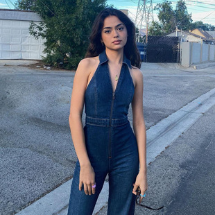 European and American style women's clothing 2024 summer new slim fit slimming fashion street retro style high waist Denim jumpsuit