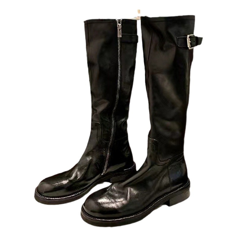 Nuevas botas de montar de media caña con suela gruesa de piel de caballo lavada para otoño e invierno, con cremallera lateral y hebilla de cinturón.