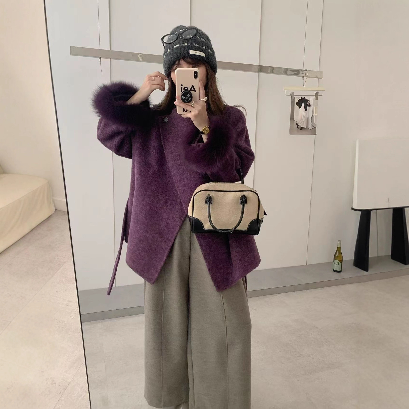 真狐狸毛袖口双面羊毛大衣女简约立领小个子羊毛呢子外套宽松韩系