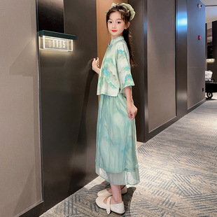 Girls' Hanfu Dress Summer 2023 New Super Fairy Chinese Improved Cheongsam Girls' Summer Skirt Two-piece Set