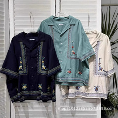 2025 夏新日本ニコラペルシャツ女性のファッションレトロエスニックスタイル刺繍花半袖シャツトップ