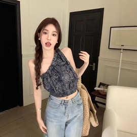 背心女复古斜领露肩夏季新款设计感短款绑带外穿吊带上衣chic潮流
