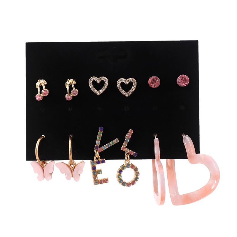 Fashion Letter Heart Shape Butterfly Alloy Plating Inlay Rhinestones Earrings Ear Studs 1 Set