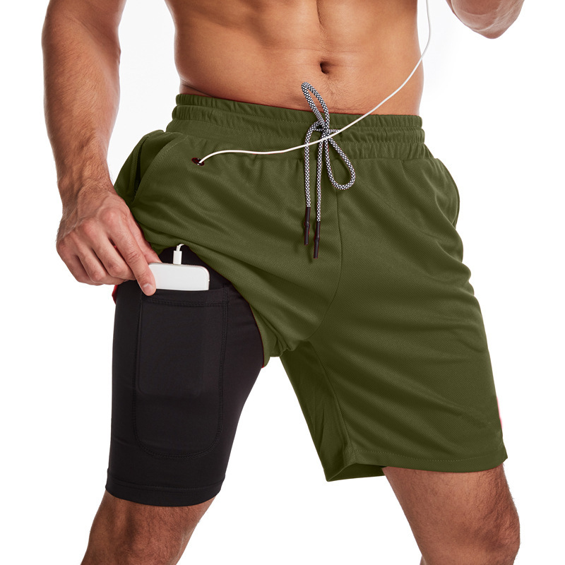 Men's Running Shorts Two-in-One Pants Polyester Fiber Quick-drying Sports Fitness Casual Straight Pants Cross-Border