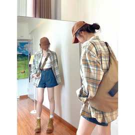 格纹法式开衫防晒上衣休闲衬衣女新款春秋夏装设计感小众衬衫外套