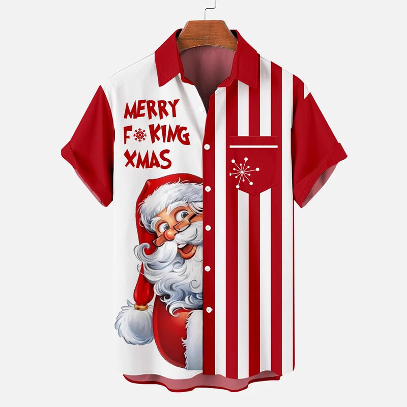 Cross-border 2024 men's new casual lapel Christmas shirt 3D print short sleeve Hawaiian fashion men's