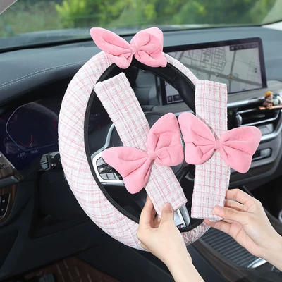 red bow car steering wheel: Steering wheel cover - pink-chanel-style-three-piece-set-38cm