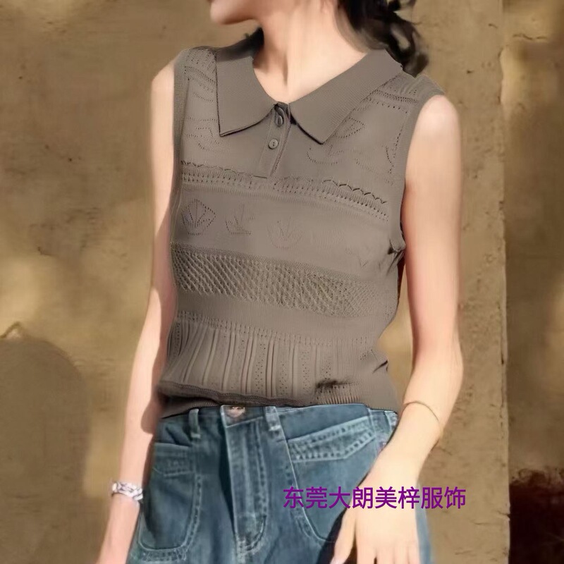 Fashion Casual Polo Collar Crochet Hollow Sleeveless Knit Vest Women's Design Commuter Niche Slimming Top