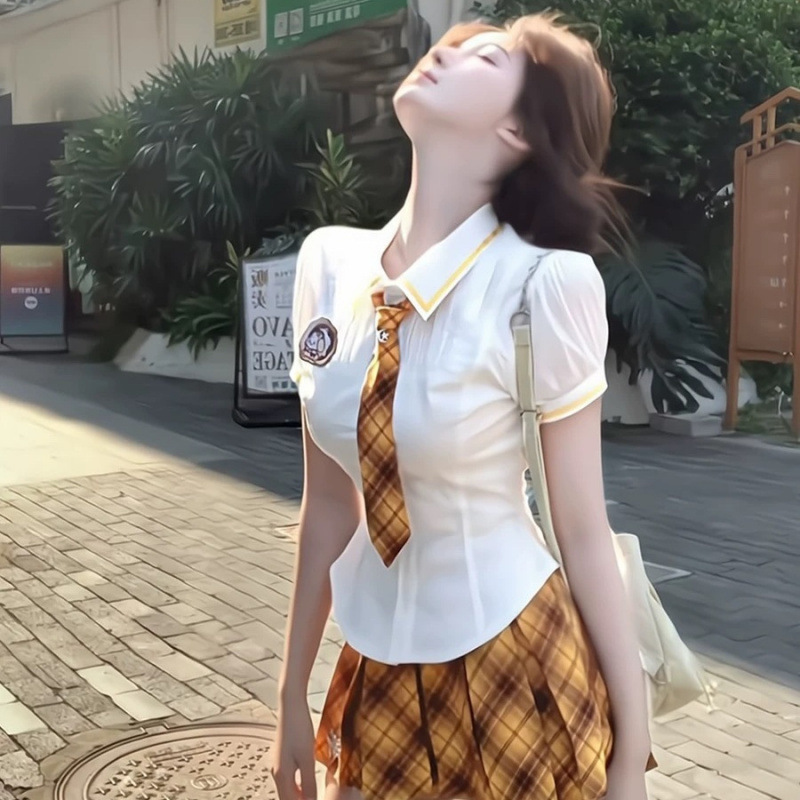 美式学院风套装jk制服夏设计感短袖衬衫甜酷辣妹格子百褶裙两件套