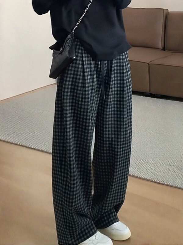 棋盘格子阔腿裤女春秋2025新款高腰显瘦宽松慵懒垂感直筒休闲裤子|undefined