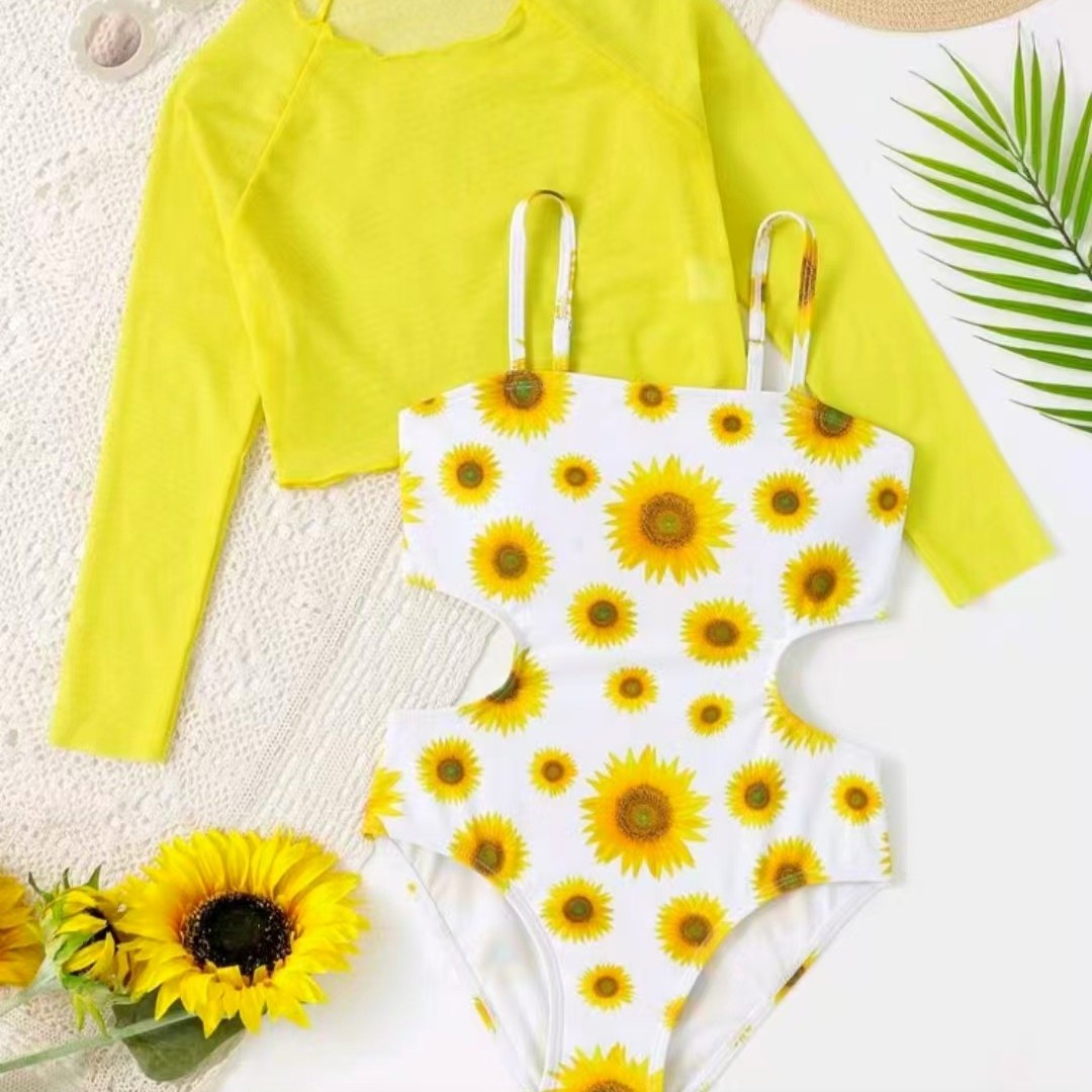 Modischer einteiliger Badeanzug für Mädchen, zweiteiliger Badeanzug mit Sonnenblumenmuster aus Mesh für Kinder (3-7 Jahre)_voghion.com