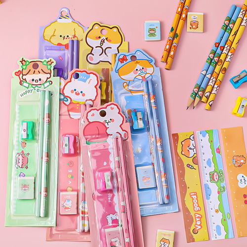 Children's Pencil Stationery Set Gift Box Combination 5-piece Set Cartoon Study Exam Primary School Student Prizes Holiday Gift