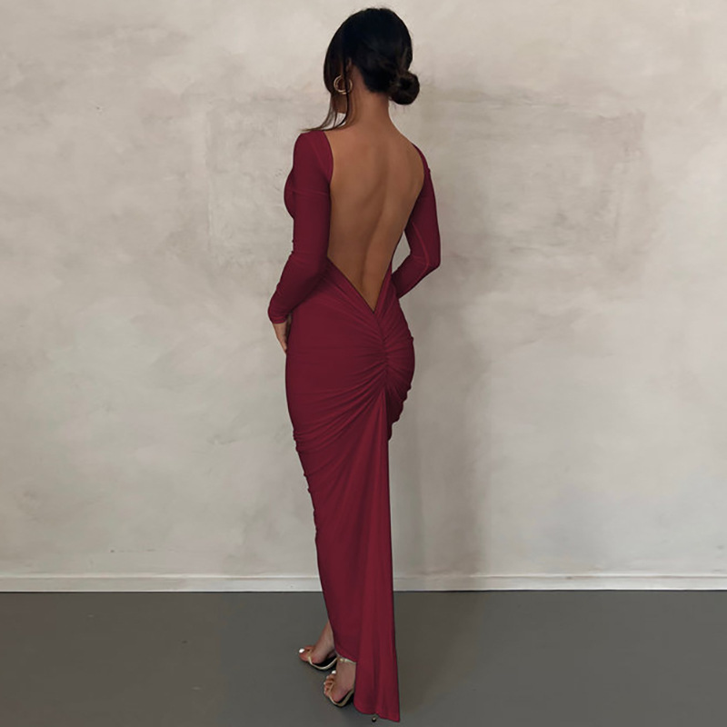 European And American Cross-Border Hot-Selling New Solid Color Sexy Backless Ruched Long Elegant Slim Dress_ecoleips.com