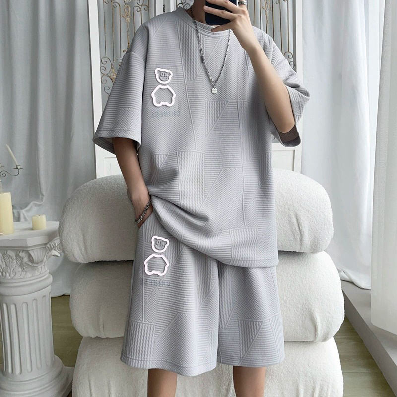 Source Fabricante Waffle Traje deportivo de ocio Oso de los hombres Verano suelto Adolescente Tops de manga corta Pantalones cortos
