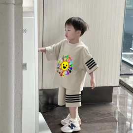 跨境虾皮节奏盒子套装中大童短袖t恤夏季运动短裤男女童跨境专供