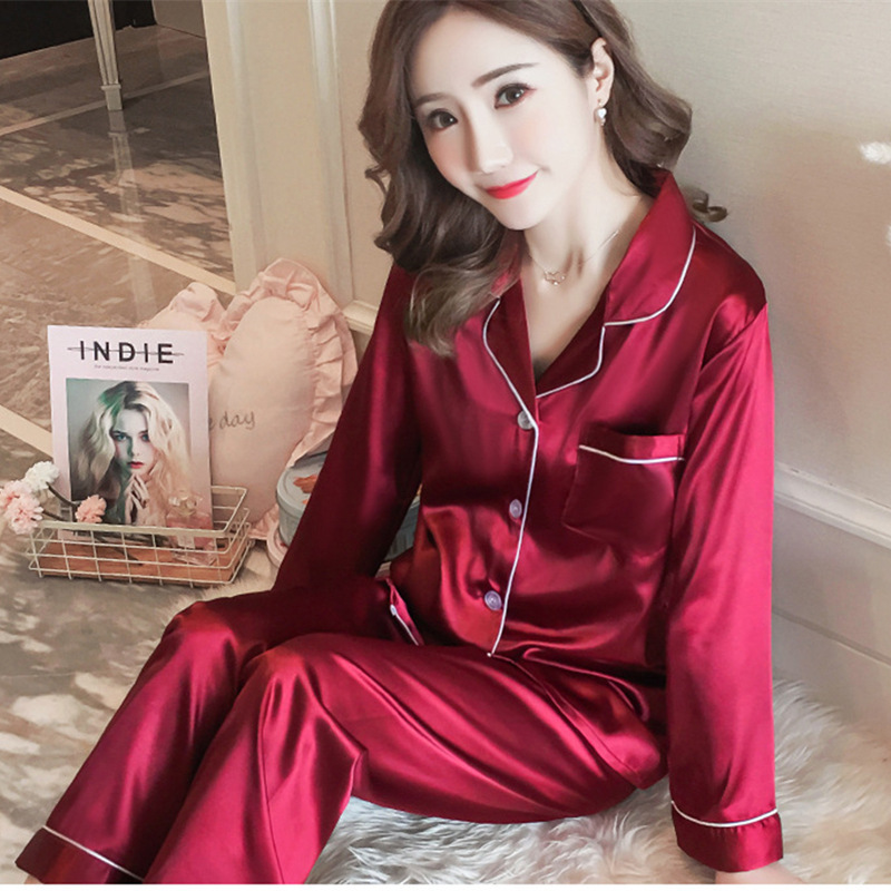 【Gabystudio】High-Quality Imitation Silk Pajamas for Women, Thin and Sexy Ice Silk Long-Sleeve Loungewear for Spring and Autumn